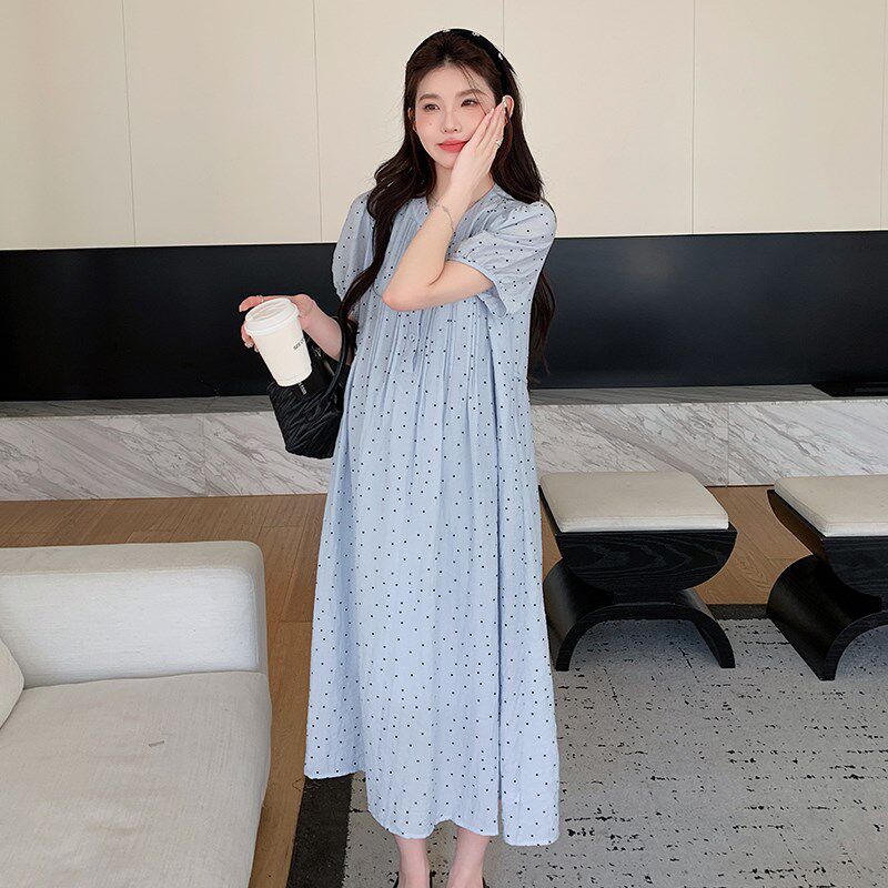 新品孕妇装夏装2025新款连衣裙夏季薄款短袖波点雪纺裙.小个子显