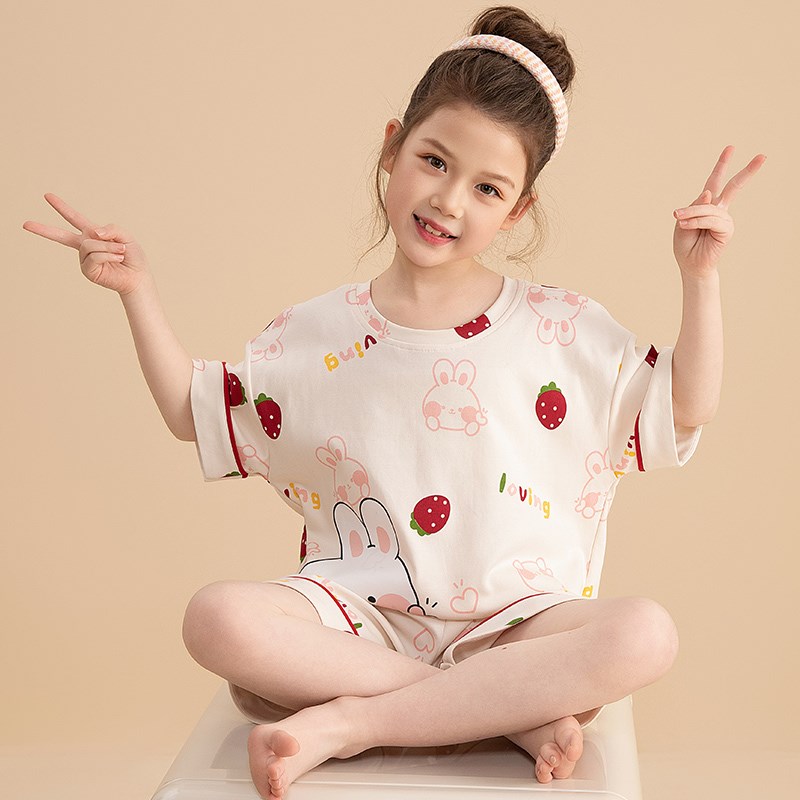 极速2024新款女童睡衣儿u童夏季款纯棉套装大童薄款女孩可爱短袖