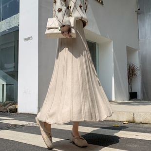 新品 休闲毛线大摆裙U螺纹加厚高腰a 黑色半身裙女针织裙子秋冬新款