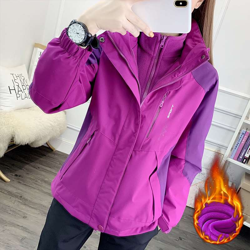 极速紫色冲锋衣外套女冬季2022新款加绒加厚中老年W三合一可拆卸