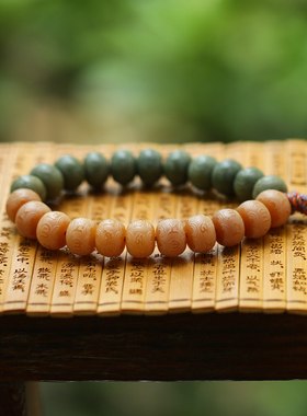 极速天然风化菩提根六字真t言黄绿雕刻手串手持编织佛珠念珠绕指