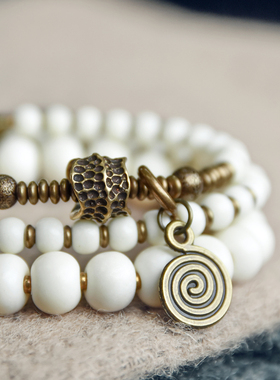 极速小众设计复古文玩手串女混搭黄铜珠I子情侣手饰个性多层手链