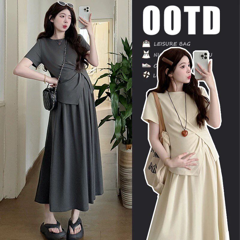 新品孕妇b装夏装2025新款连衣裙夏季短袖T恤半身裙两件套小个子中