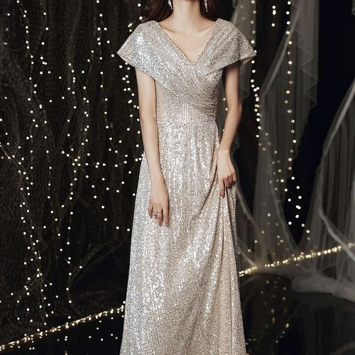 极速晚礼服银色宴会2025夏季新款法式宫廷风V领亮片声.乐主持人礼