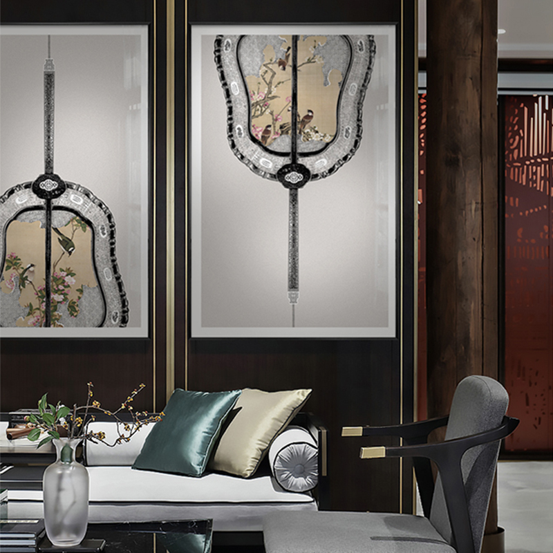 极速新中式扇子装饰画玄关挂画花鸟客厅餐厅书房酒V店别墅禅意软图片