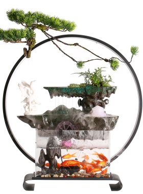 极速流水喷泉摆件中式禅意创意倒流香灯圈鱼缸办公室X玄关招财开