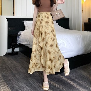 荷叶边系带J开叉中长裙子一片式 夏季 雪纺 碎花包裙女2025新款 新品