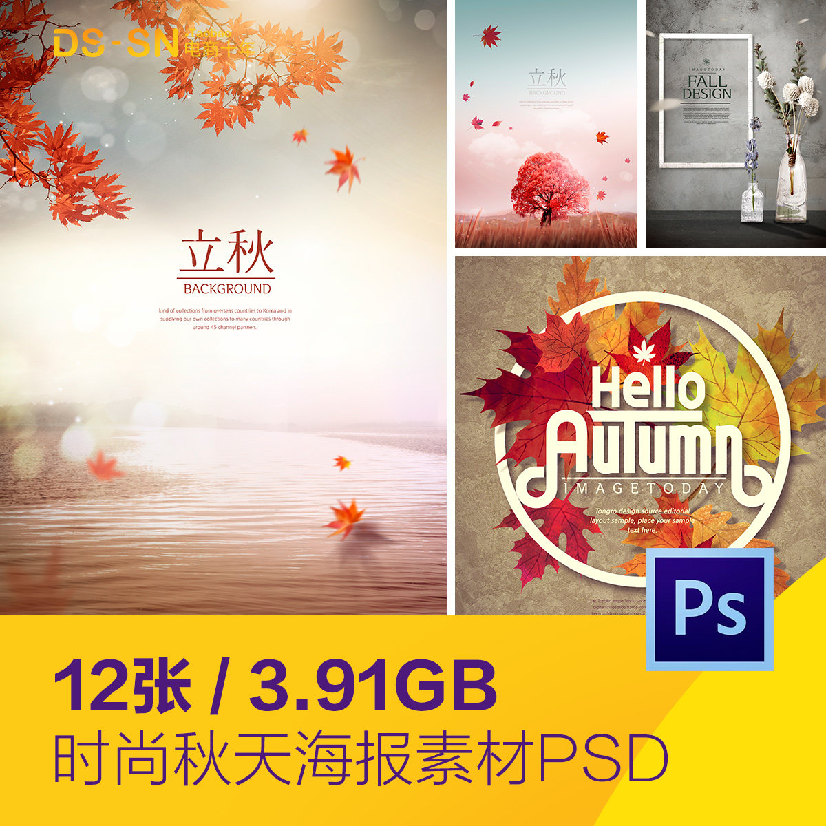 时尚秋天立秋红叶落叶鲜花植物海报背景psd分层设计素材d2082101