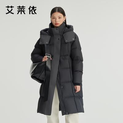 艾莱依羽绒服女士泡芙感软糯中长款羽绒服保暖大衣鸭绒宽松外套