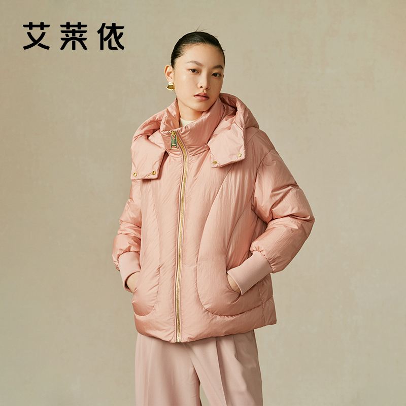 艾莱依国风短款羽绒服女修身新款连帽设计感绗缝鸭绒保暖外套冬季