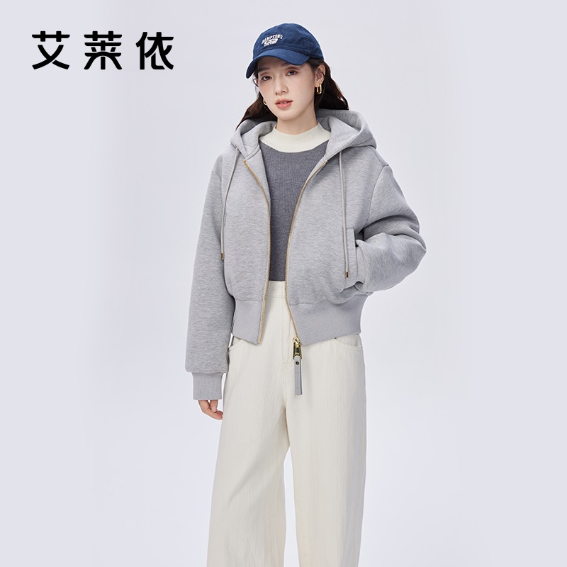 艾莱依卫衣式羽绒服女冬季修身新款短款时尚休闲鸭绒连帽韩版外套