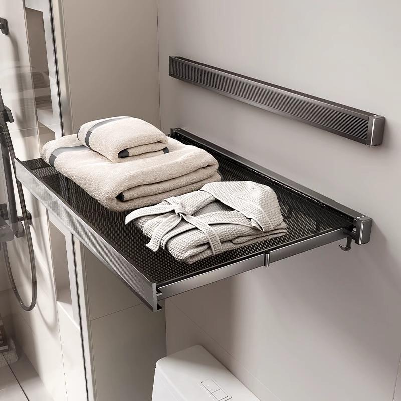 德国浴室折叠伸缩置物架免打孔卫生间放衣服毛巾浴巾隐形收纳挂架