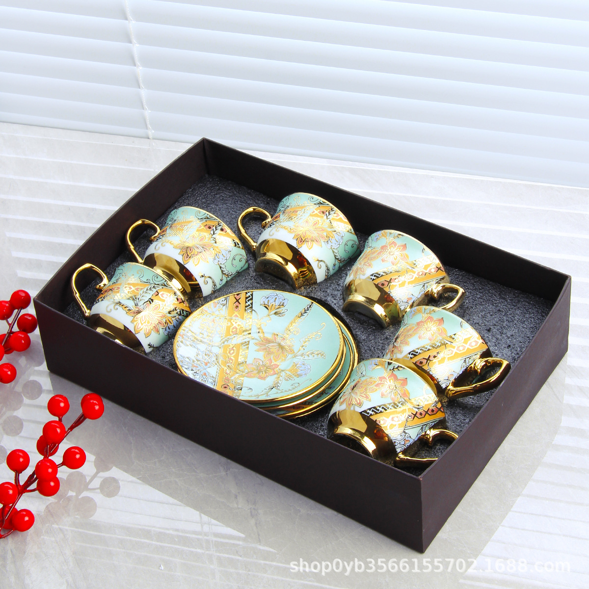 陶瓷咖啡杯碟套装电镀金陶瓷杯礼品六杯六碟礼盒商务珠宝礼品