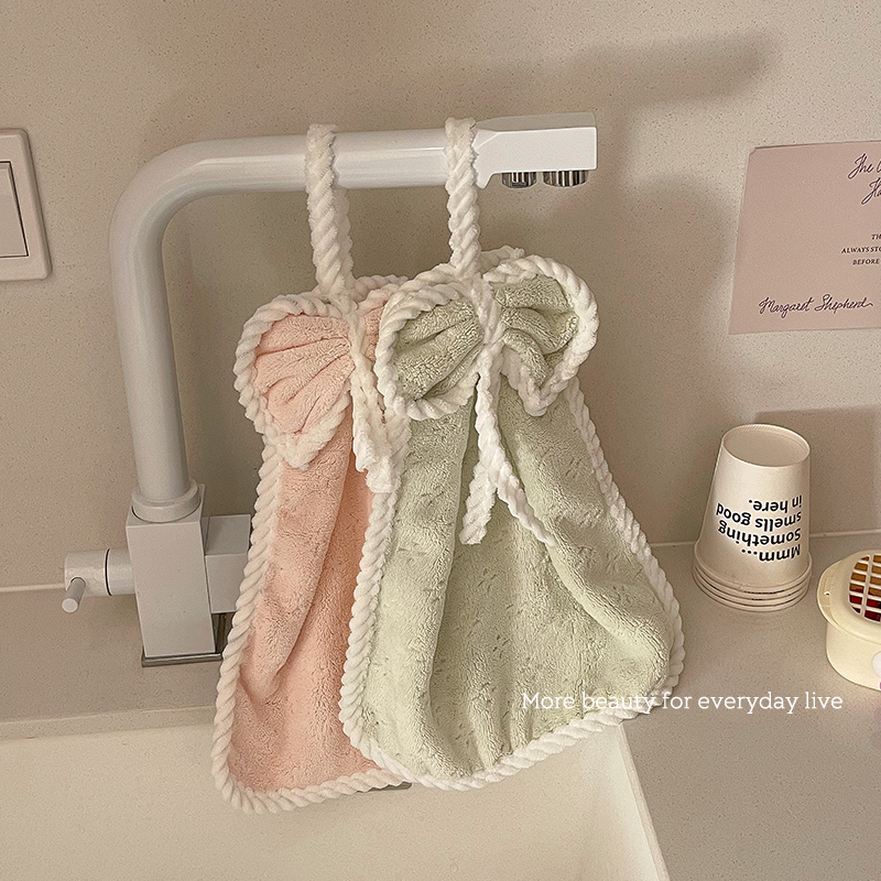 可挂式蝴蝶结擦手巾加厚吸水速干家用厨房卫生间抹手布珊瑚绒毛巾
