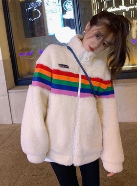 韩版加绒加厚拼接羊羔毛外套女小个子2025秋冬季新款百搭宽松上衣