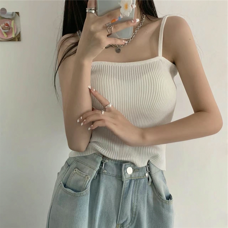 外穿显瘦小肚兜上衣港风格子吊带