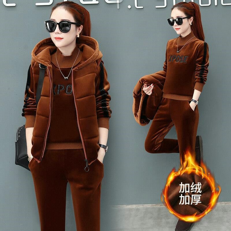 秋冬双面绒休闲运动套装宽松三件套加绒加厚金丝绒套装女2026新款