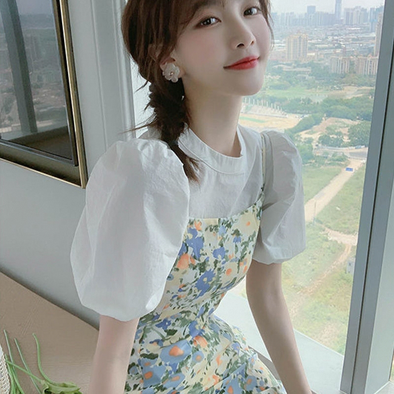 套装裙泡泡袖裙子女2025夏季新款夏装单套装碎花雪纺吊带连衣裙潮