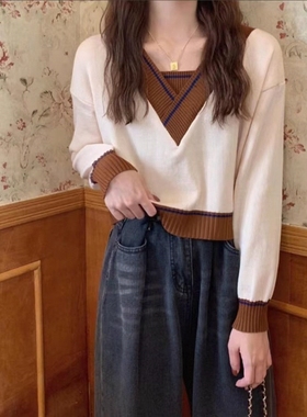 内搭打底衫女秋冬季毛衣新款春秋设计感小众V领针织短款上衣2025