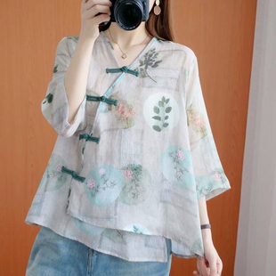 印花斜襟盘扣V领不规则衬衫大码女装复古宽松遮肚民国民族风上衣