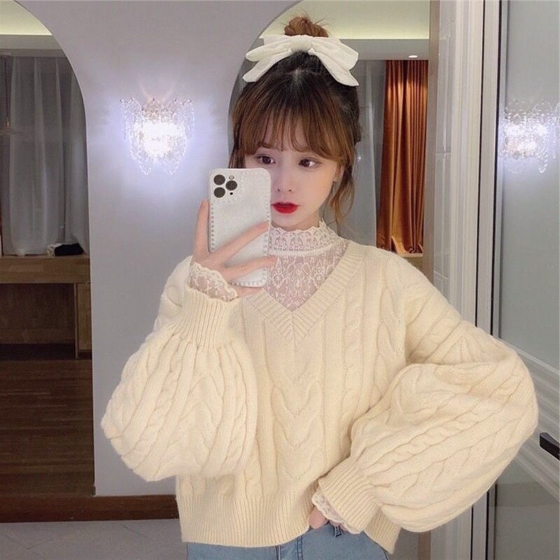 美式V领麻花短款毛衣女灯笼袖慵懒风春秋新款宽松百搭套头针织衫