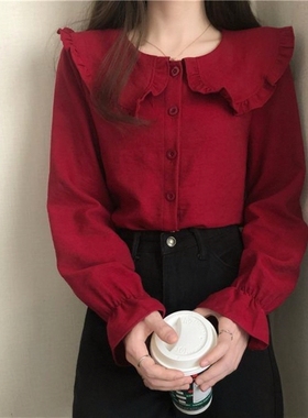 2025春秋季娃娃领衬衫女灯芯绒宽松韩版长袖纯色网红衬衣甜美上衣