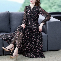 胖MM减龄打底长裙子2025年春装新款碎花连衣裙大码雪纺衫女长袖潮