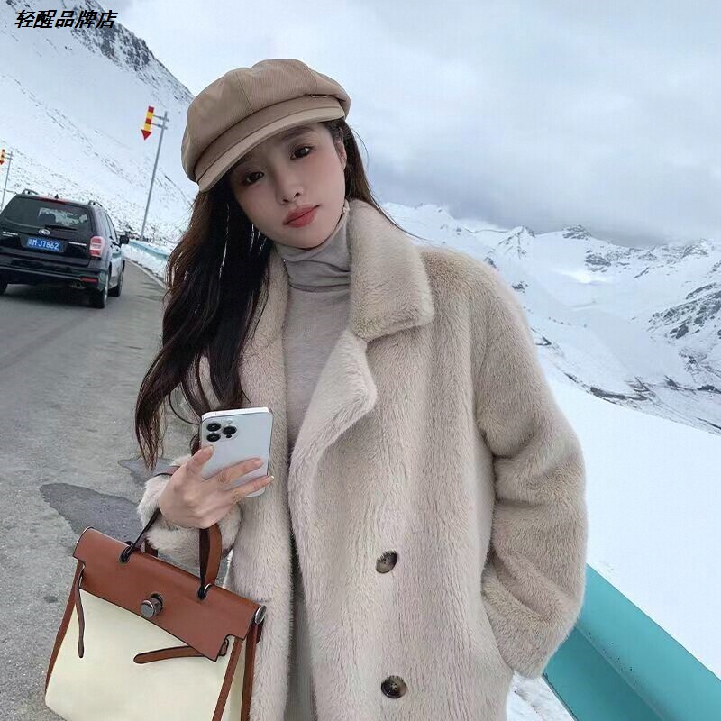 美拉德时尚中长款加绒保暖外套女秋冬新款韩版仿水貂皮草大衣
