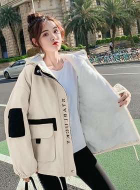 秋冬装新款韩版宽松BF加厚仿羊羔绒外套女港味连帽工装棉衣棉服潮