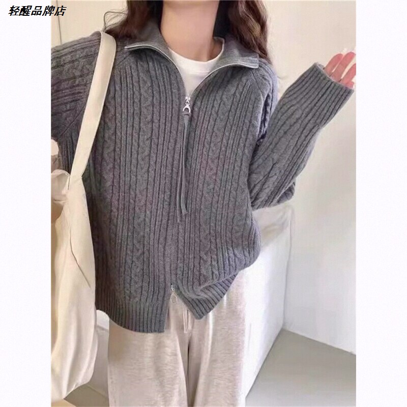 女麻花百搭毛衣外套针织衫叠穿韩版春秋白色外套双拉链打底衫新款