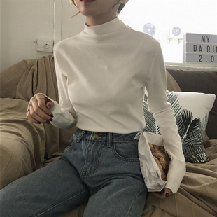 百搭白色上衣内搭半高领含棉打底衫女秋冬长袖韩版学生修身T恤潮