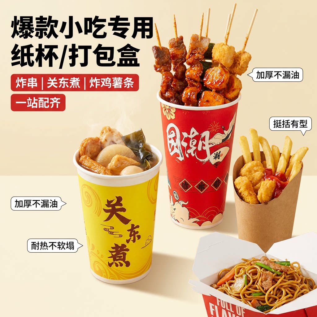 国潮加厚防油小吃纸杯关东煮炸串串桶炸鸡薯条杯外卖打包盒可定制