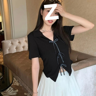 女T潮 性感露脐polo领蝴蝶结短款 短袖 t恤女上衣夏季 遮肉短袖