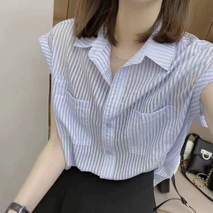 欧货竖条纹雪纺衬衫 2025夏新款 女设计感轻薄透气质POLO领口袋上衣