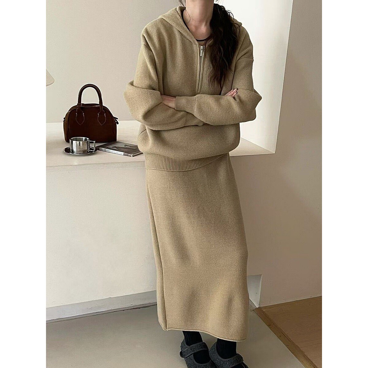 韩系休闲风针织套裙两件套女秋冬连帽半拉链针织卫衣高腰长裙1352