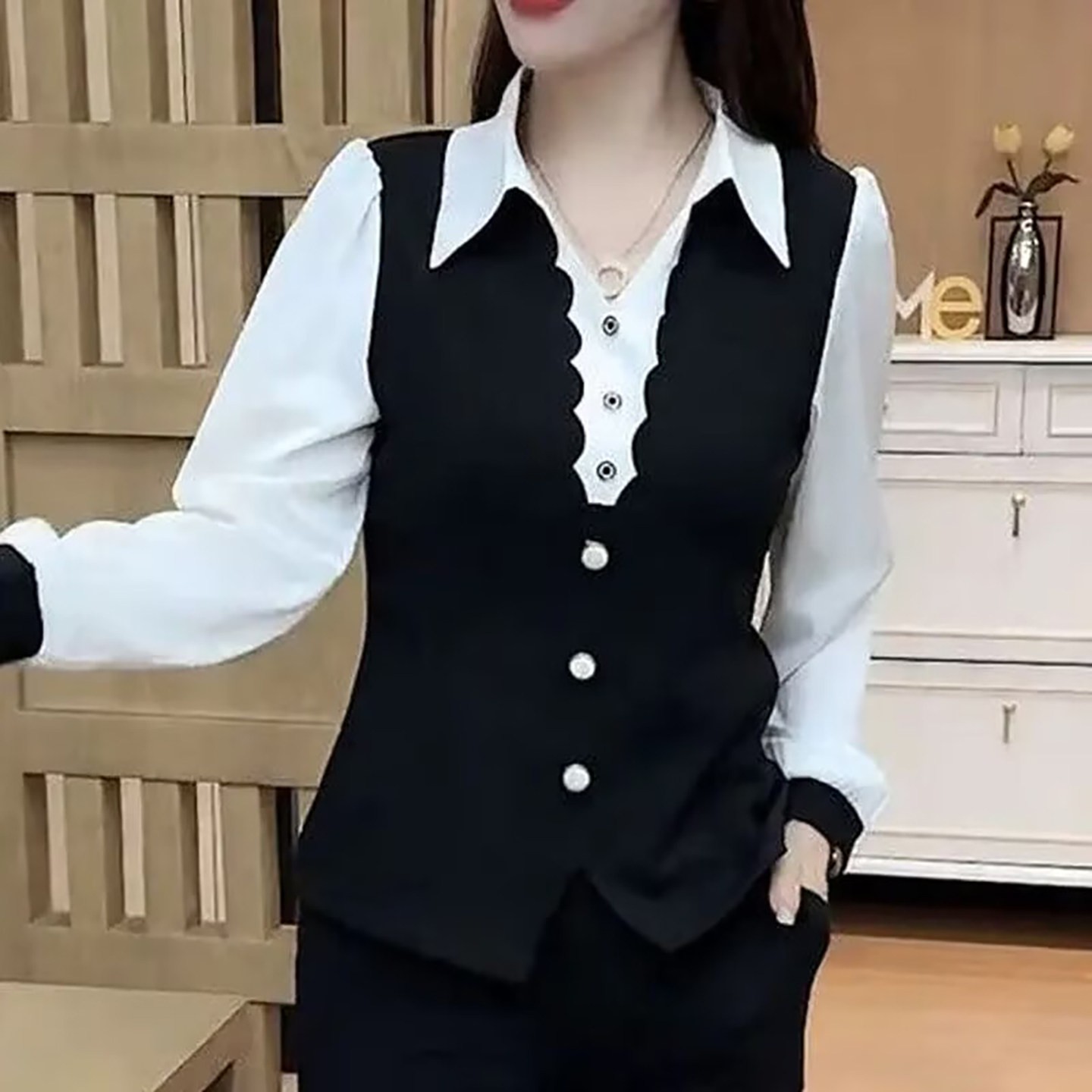 恒清女装洋气拼接假两件衬衫春季女士款气质显瘦打底衫妈妈装上a5