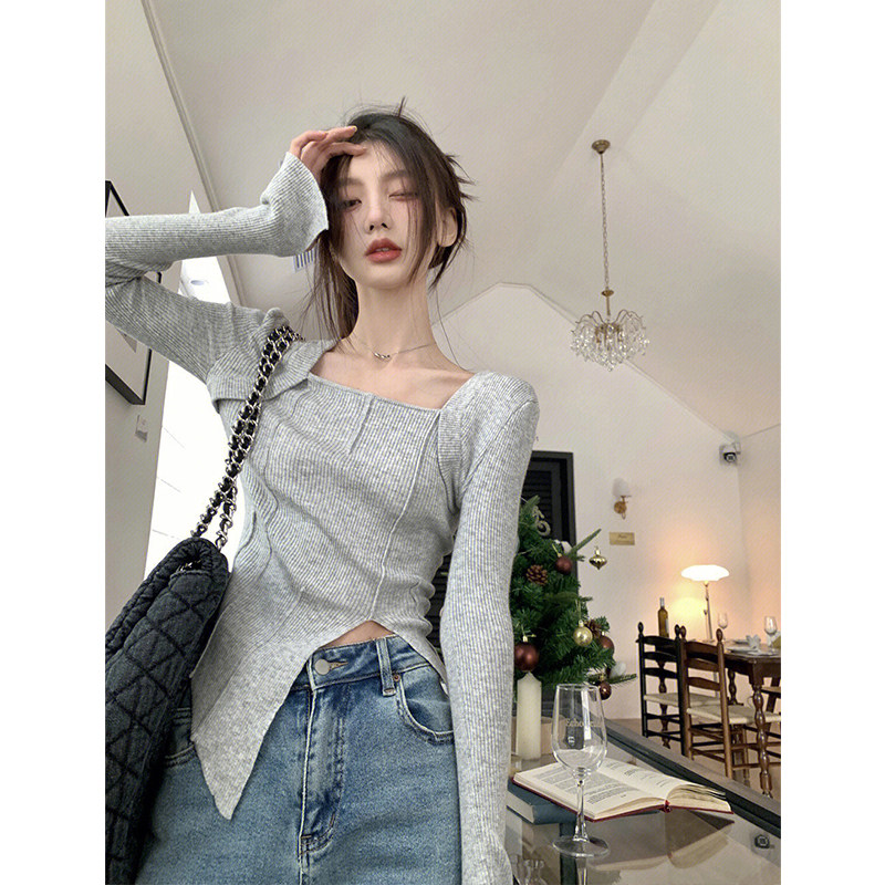 FASHIONABLE DESIGN HEM SLIT LONG-SLEEVED SQUARE-NECKED KNITWEAR WOMENS AUTUMN AND WINTER SLIM AND THIN NICHE AND VERSATILE TOPS TRENDY