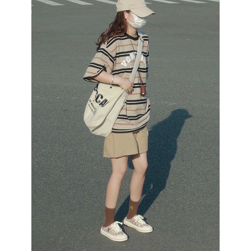 HONG KONG STYLE DESIGN SENSE STITCHED STRIPED SHORT-SLEEVED T-SHIRT WOMENS SUMMER LOOSE OVERSIZE CASUAL CREW NECK VERSATILE TOP TRENDY