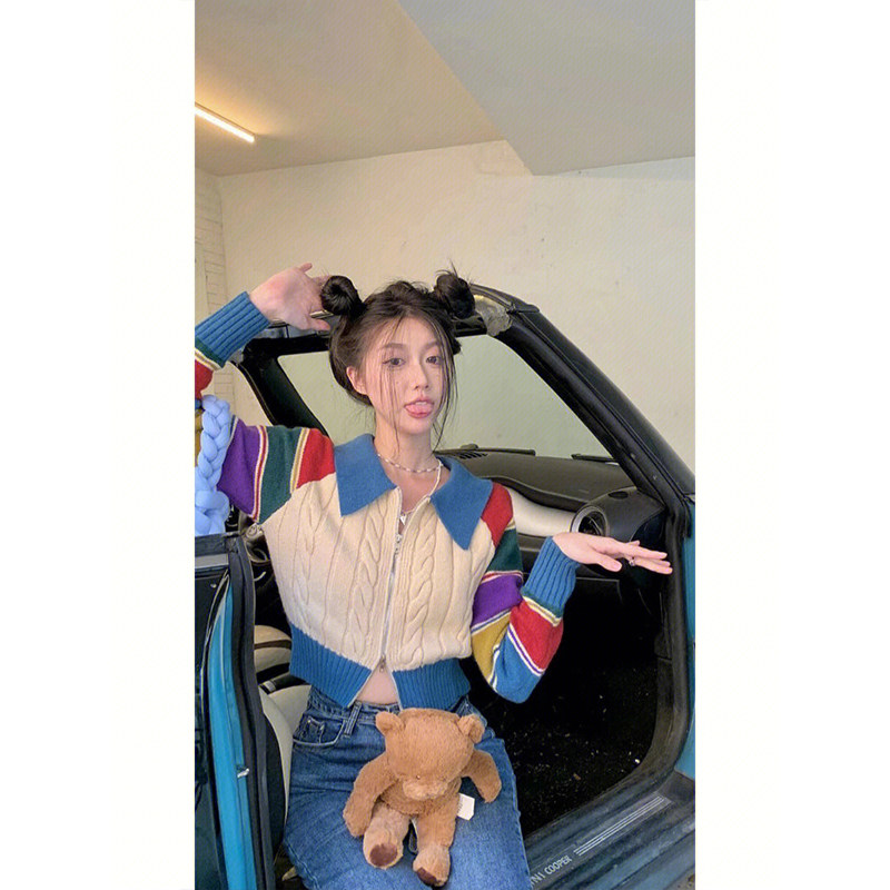 RETRO CONTRAST COLOR RAINBOW STRIPED RAGLAN SLEEVE KNITTED SWEATER WOMENS AUTUMN SLIM FIT SLIM SHORT ZIPPER CARDIGAN TOP