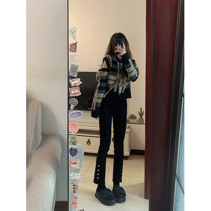 FRENCH DESIGN SENSE CONTRAST CUT-OUT LONG-SLEEVED KNITTED SWEATER JACKET WOMENS AUTUMN AND WINTER LOOSE AND SLIM CROPPED CARDIGAN TOP