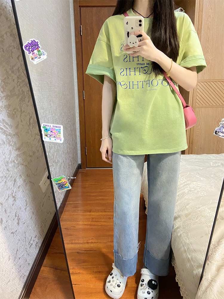KOREAN VERSION OF SIMPLE CASUAL LETTER PRINT SHORT SLEEVE T-SHIRT WOMENS SUMMER LOOSE AND THIN VERSATILE AGE-REDUCING HIGH STREET TOP INS