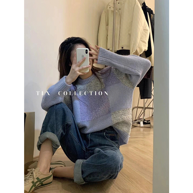 KOREAN VERSION OF THE DESIGN SENSE CONTRAST PLAID LONG-SLEEVED KNITTED SWEATER WOMENS WINTER LOOSE AND THIN FASHIONABLE AND VERSATILE PULLOVER TOP
