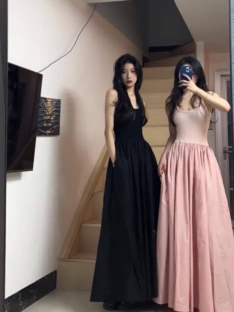 FRENCH SEXY BABES PATCHWORK VEST DRESS WOMENS SUMMER WAIST THIN WAIST THIN HIGH-END CASUAL TEMPERAMENT LONG SKIRT