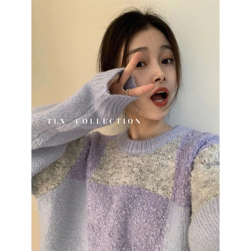 KOREAN VERSION OF THE DESIGN SENSE CONTRAST PLAID LONG-SLEEVED KNITTED SWEATER WOMENS WINTER LOOSE AND THIN FASHIONABLE AND VERSATILE PULLOVER TOP