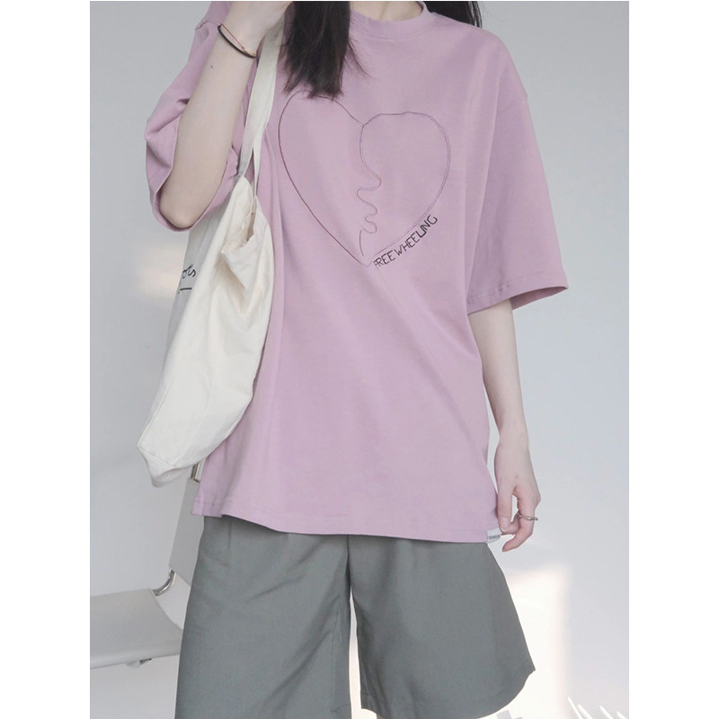 KOREAN VERSION CHIC EMBROIDERY LOVE HEART SHORT SLEEVE T-SHIRT WOMENS SUMMER LOOSE CASUAL ROUND NECK FASHION VERSATILE MIDI TOP TIDE
