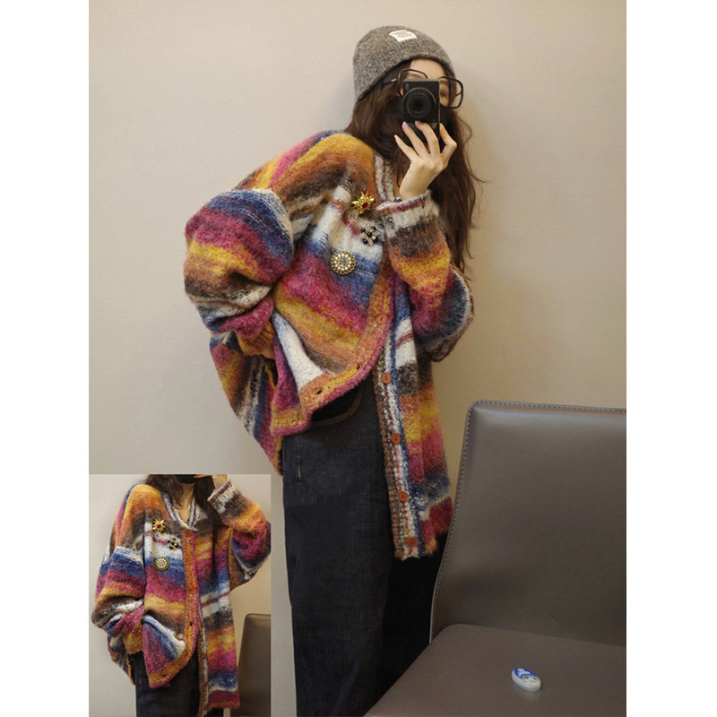 VINTAGE HIGH-END TIE-DYE STRIPED LONG-SLEEVED SWEATER JACKET WOMENS WINTER LOOSE LOOK THIN AND LANGUID CARDIGAN TOP TRENDY