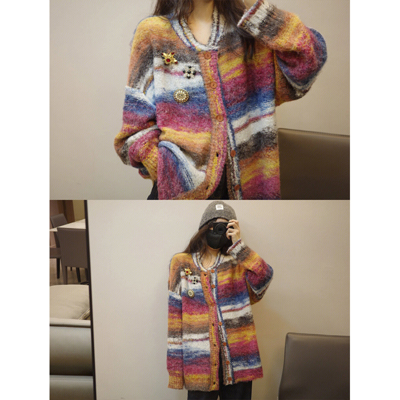 VINTAGE HIGH-END TIE-DYE STRIPED LONG-SLEEVED SWEATER JACKET WOMENS WINTER LOOSE LOOK THIN AND LANGUID CARDIGAN TOP TRENDY