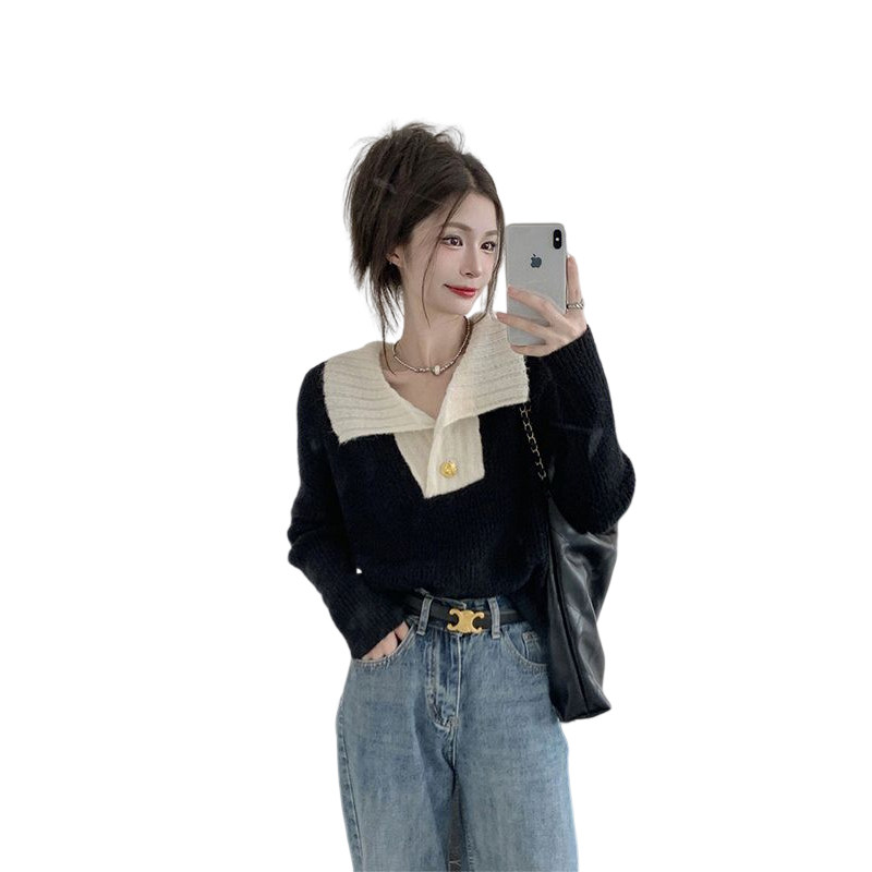FRENCH DESIGN SENSE CONTRAST LAPEL LONG-SLEEVED KNITTED SWEATER WOMENS AUTUMN AND WINTER NEW LOOSE AND THIN VERSATILE CHIC TOP