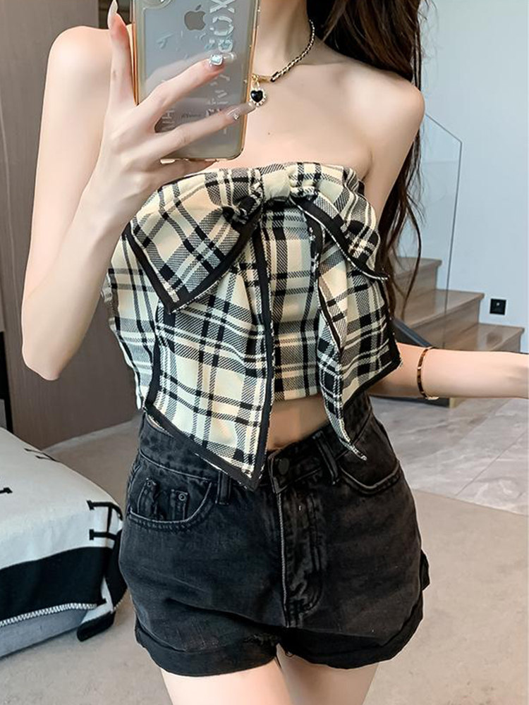 PURE DESIRE SWEET AND SPICY DESIGN SENSE BOW PLAID BANDEAU SUSPENDER WOMENS SUMMER WEAR HIGH-END SENSE FRIED STREET SHORT WRAP