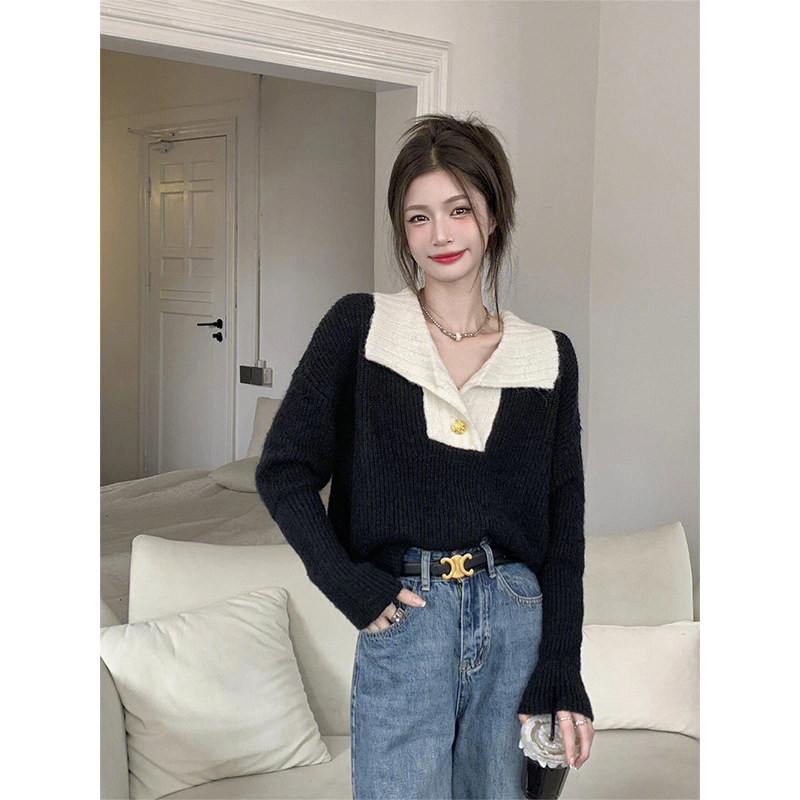 FRENCH DESIGN SENSE CONTRAST LAPEL LONG-SLEEVED KNITTED SWEATER WOMENS AUTUMN AND WINTER NEW LOOSE AND THIN VERSATILE CHIC TOP